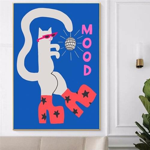 Abstract Mood Blue Cat Poster Modern Wall Art Canvas Painting Fashion Living Room Nordic Home Decor Frameless Picture
