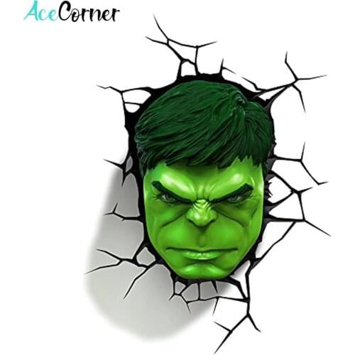 Acecorner Green Hulk Head Avengers Marvel Superhero 3D LED Wall Lamp Creative Sticker Hanging Night Light for Bedroom Kids Gift