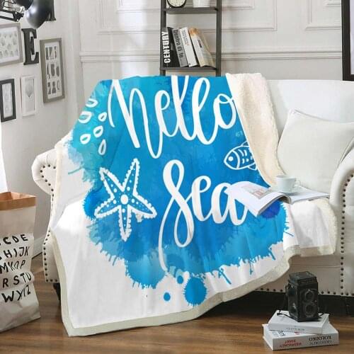 Blue Sherpa Fleece Blanket Sea Throw Blanket Water Splashes Fluffy Blanket Fish and Starfish Cute Plush Throw Blanket