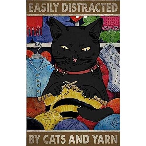 Easily Distracted by Black Cat and Yarn Animal Retro Metal Tin Sign Vintage Sign for Home Coffee Wall Decor 8x12 Inch