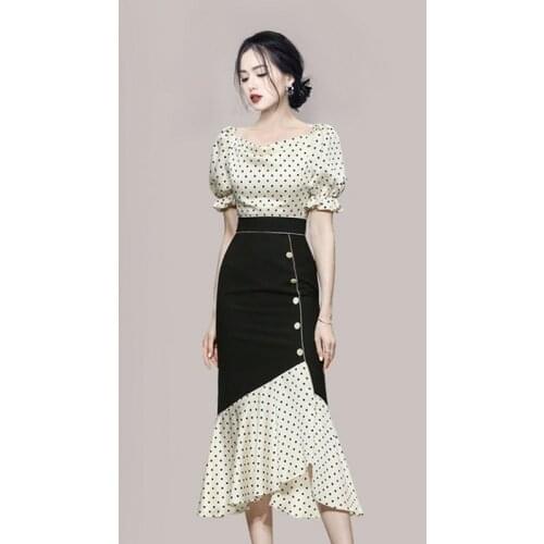 Summer Two Pieces Set Blouses Short Sleeve Polka Dot Tops + Bandage Pencil Ruffles Midi Split Skirts Elegant Sexy Party Suit