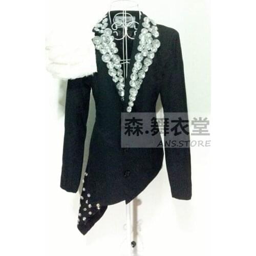 Fashion black Male Sparkling diamond feather irregular slim blazer nightclub singer stage performance jacket