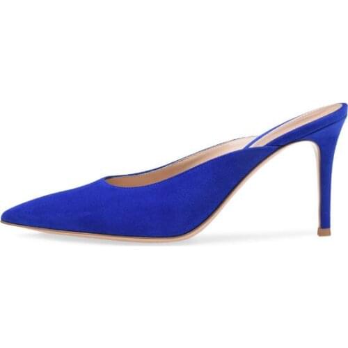 Blue Black Beige And Nude Colors pointed toe super high heels 2019 Autumn concise new suede and patent leather mules shoes