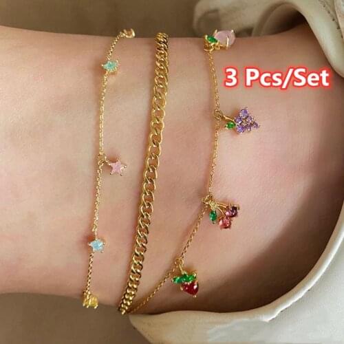 3 Pcs/Set Sweet Crystal Apple Cherry Grape Fruits Star Anklets Set Fashion Gold Chain Anklets for Women Foot Chain Jewelry Gifts