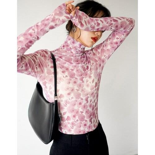 New Style Autumn Base Shirt Tshirts Women Tops Chic Floral Printed Mesh Tshirts Top Women Clothing Tees Womans T-Shirts SL165