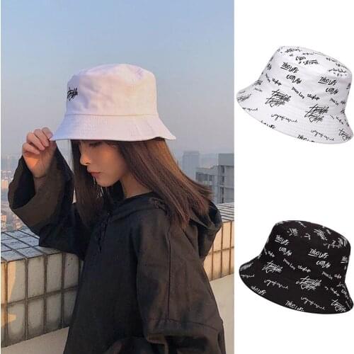 Fashion Double Side Bucket Hat Women Men English Letters Pattern Cotton Fisherman Hat All Seasons Black White Sun Protection Cap