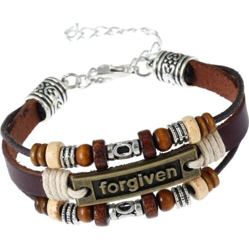 Religious Cross/forgiven Pattern Manual Beaded Bracelets Lobster Buckle Leather Wristband Unisex Jewelry Strand Charm Bracelet