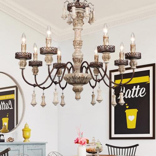 Retro Wooden Chandelier ceiling hanging lighting for Bedroom Foyer American vintage iron lamp lustre Living Room Led Chandeliers