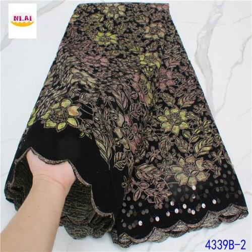 Luxury Gold Nigerian Velvet Lace Fabrics High Quality Sequins African French Velvet Lace Fabric 5yards For Woman Dress NA4339B-3