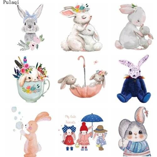 Pulaqi DIY Lovely Rabbit Heat Transfer Patches For Clothes Stripes Iron On Transfer Vinyl PVC Patch Stickers On Clothes Applique
