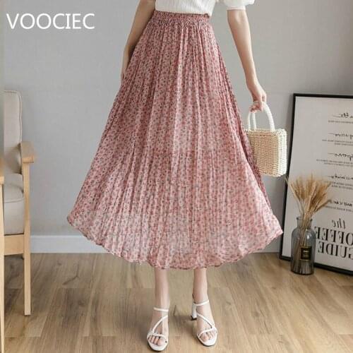 VOOCIEC 2020 women bohemian tropical red flower print ruffles long skirt faldas mujer ladies high wasit agaric lace chic skirts