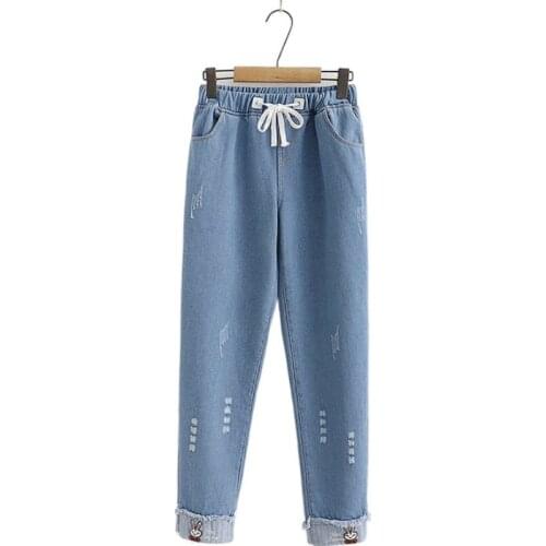 Plus Velvet Casual Straight Denim Pants For Women Fleece Cartoon Embroidery Warm Jeans 2020 Winter Elastic Waist Pocket Trousers