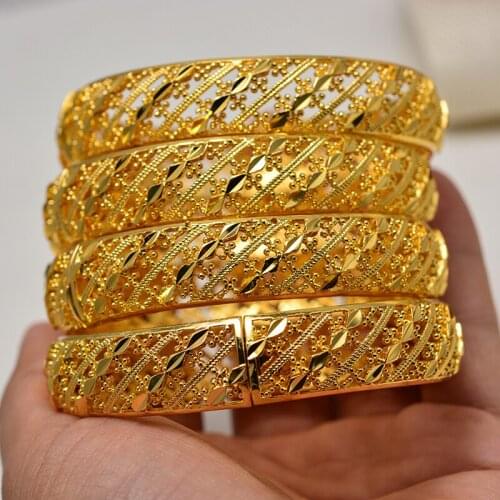 4Pcs Large pattern Gold Color Bangles for Women Bride Bracelets Ethiopian/france/African/Dubai Jewelry wedding gifts Can Open