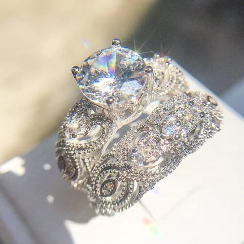 NEW White CZ Stone Ring Sets Silver Color Rings Wedding Bague For Women Couple Ring For Lover Accessories Bijoux