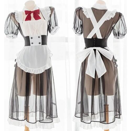 Women Sexy Transparent Maid Suit Girls Student Perspective Long Dress Cute Boewknot Uniform Underwear Suit Nightdress Cosplay