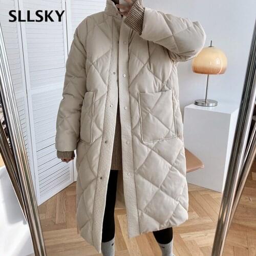 SLLSKY Korean Style Long Cotton-padded Coat Women 2021 Winter New Casual Stand-up Collar Argyle Pattern Oversized Parkas Jacket