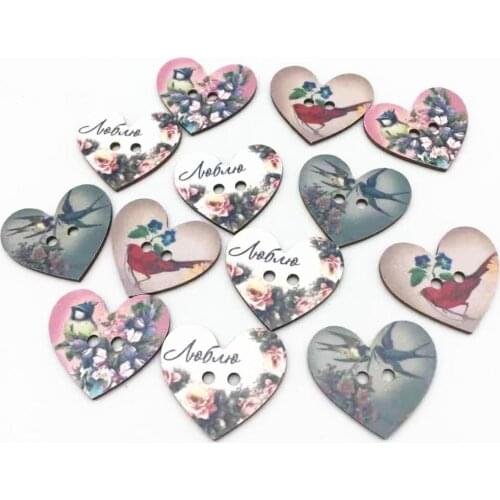 100pcs 25x28mm Mixed Florals Birds Wood Heart 2 Holes Buttons DIY Sewing Accessories For Cardmaking Embellishments