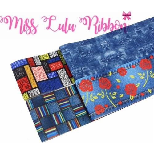16mm-75mm Jeans Series Red Rose Hole Denim Printed Grosgrain/Foe Ribbon Geometric DIY Hair Bowknots 50yards/roll