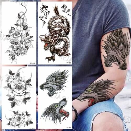 Watercolor Wolf Temporary Tattoos For Women Men Realistic Dragon Snake Peony Creative Fake Tattoo Sticker Arm Body Tatoos Bauble