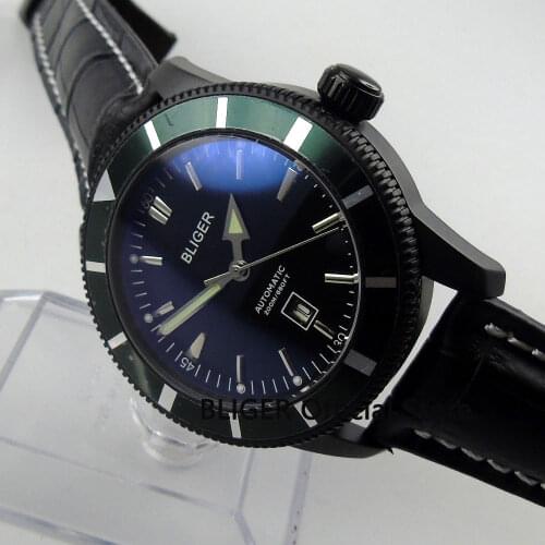 Genuine Leather BLIGER 46MM Black Dial PVD Coated Case Green Rotating Bezel MIYOTA Automatic Movement Mens Wrist Watch B100