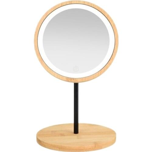 Wooden Desktop LED Makeup Mirror USB Charging Adjustable Bright Diffused Light Press Screen Beauty Mirrors