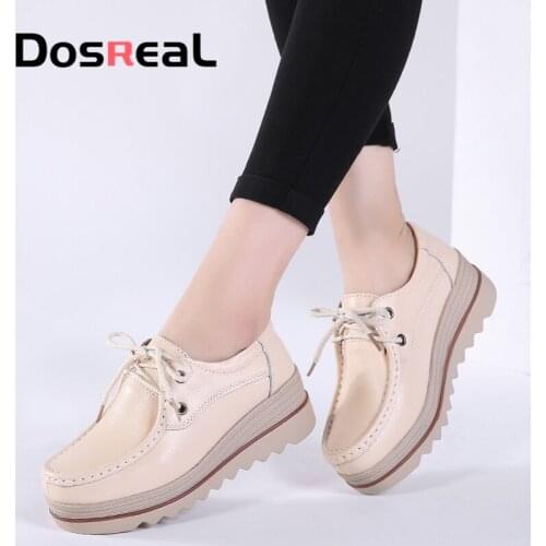 Dosreal Women Flats Shoes Cow Leather Patform Flats For Females Lace up Casual Shoes height Increasing Autumn Fashion Footwears
