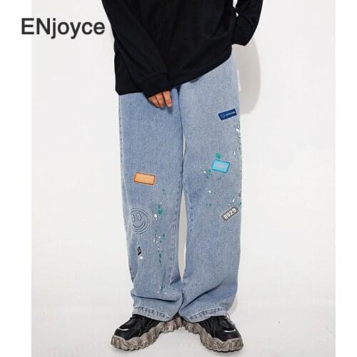 Fashion Blue Pockets Jeans Men Plus Size Loose Casual Spring Japan Style Straight Wide Leg Hip Hop Printed Full Length Pants
