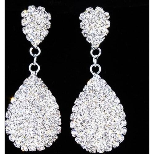 Classic Elegant Full Clear Rhinestone Dangle Earrings for Bride Silver Plated Long Drop Earring For Women Wedding Party Jewelry