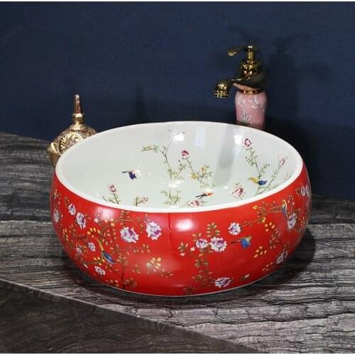 Red flower and bird Antique style art ceramic porcelain wash basin bathroom jingdezhen ceramic basin