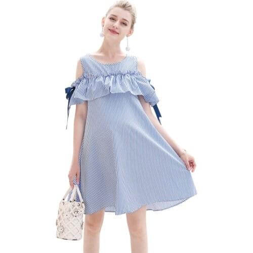 Summer Maternity Dresses Bow Sleeve Dress Clothes for Pregnant Women Daily Wearing Striped Pregnancy Clothing