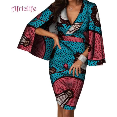 One Pcs Slim Women Dresses Above Knee African Clothing Deep V Dresses for Office Sexy Lady African Wax Cotton Clothes WY6328
