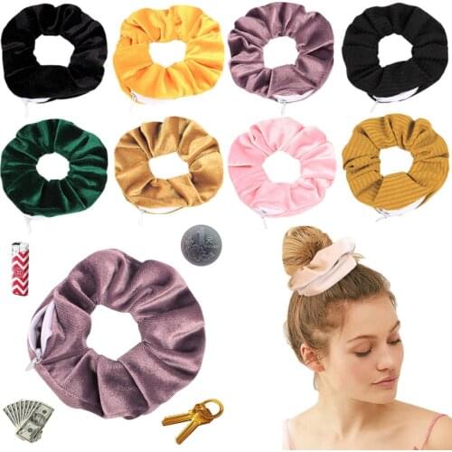 1PC New Velvet Zipper Scrunchie Girls Tencel Pocket Wallet Elastic Hair Rubber Bands Women Styling Tool Hair Accessories Fashion