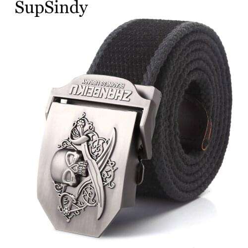 SupSindy canvas belt Pirate Skull Alloy buckle military men belt Army tactical belts for Men best quality Male strap Army green