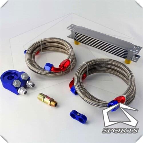 Universal 7 Row 248mm AN10 Engine Transmission Oil Cooler British Type + Aluminum Filter Adapter Kit Blue