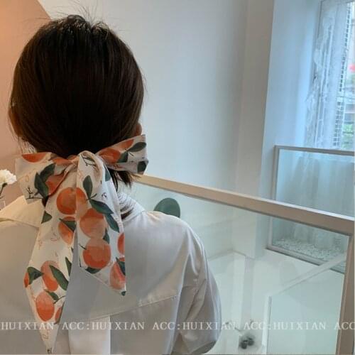 Floral Fruits Print Satin Long Ribbon Ponytail Scarf Hair Tie Scrunchy for Women Cute Bow Elastic Hair Band Headdress Wholesale