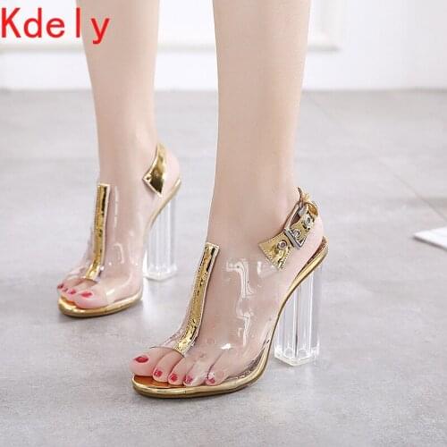 2021 Womens Sandals Summer New Products Open Toe Transparent Buckle Crystal Thick High Heels High Heels