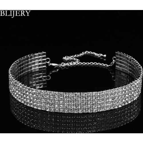 BLIJERY Bridal Wedding Party 5 Rows Rhinestone Choker Chain Necklace for Women Crystal Choker Necklace Elastic Cord Femme Collar