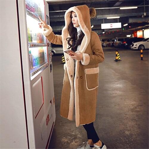 Winter faux lamb wool plus velvet thick mid-length hooded cotton-padded jacket faux deerskin fleece cotton jacket ladies jacket