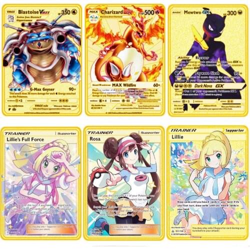 2021 New Pokemon Vmax Gold Metal Card Charizard DX Mew V GX Rainbow English Anime Kaarten Pokimon Cards Game Figures Kids Toys