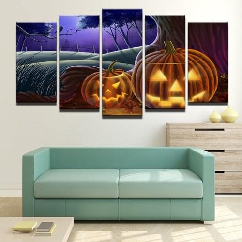 Abstract Modern Home Decor 5 Panels Halloween Pumpkin Lantern Modular Picture Canvas Print Painting Wall Art For Living Room