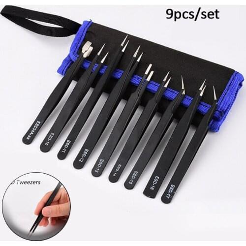 9Pcs/Lots ESD Antistatic Tweezers Tool Set High Precision Tip Curved Straight Tweezer Stainless Multifunction Nipper Repair Tool
