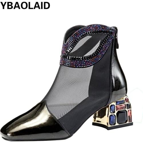 Square Toe Breathable Mesh Rhinestone Thick Heel Short Sandal Boots Hollow Color Diamond Back Zipper Crystal Heel Net Boots