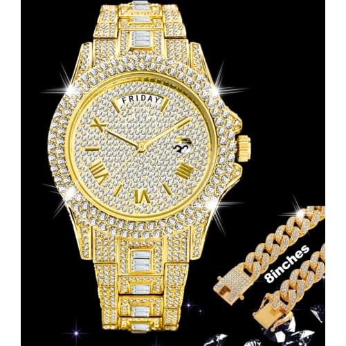 18K Gold Watch for Men Full Bling Diamond Iced Out Watch Men Hip Hop AAA CZ 8inches Bracelet Jewelry Waterproof Quartz Watches