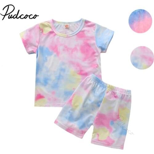 2 Pieces Kids Suit Set, Girls Tie-Dye Print Round Collar Short Sleeve T-Shirt+ Short Pants for Summer, 1-7 Years