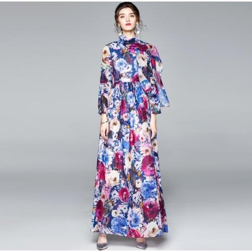 Long Sleeve Beach Style Large Swing Dress Chiffon Printed Fashion Dress for Women Clothing 2021 Boho with Silk Scarf Lining