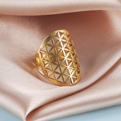Likgreat Viking Flower of Life Ring Adjustable Geometric Finger Rings for Men Women Talisman Stainless Steel Jewelry Gifts