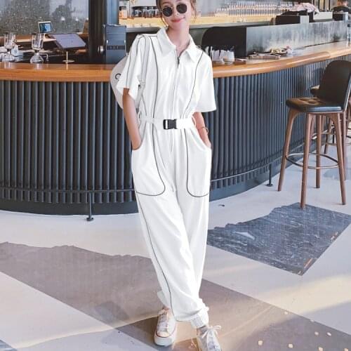 Summer Jumpsuit Women Streetwear Hip Hop Reflective Stripe Short Sleeve Lapel Zipper Harem Overalls One Piece Pants Sets Romper