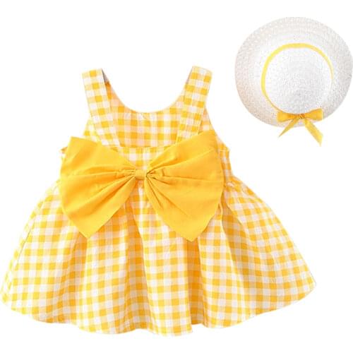 2Piece Summer Toddler Girl Clothes Set Baby Beach Dresses Cute Bow Plaid Sleeveless Cotton Newborn Princess Dress+Sunhat 2012