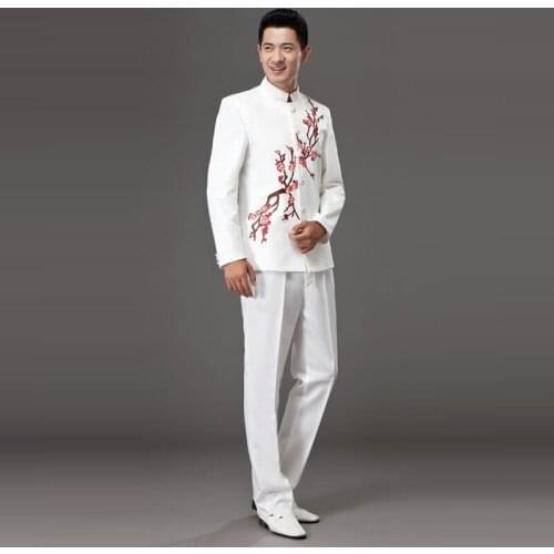Tang Suits Performance Chorus Stage Man Clothing retro Chinese style host tunic suits Coat + Pants Red White mens Unique wear