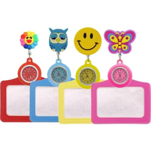 Colourful women mens nurse doctor cartoon pocket watches with ID name card Exhibition holders Retractable Badge Reel Gift Watch